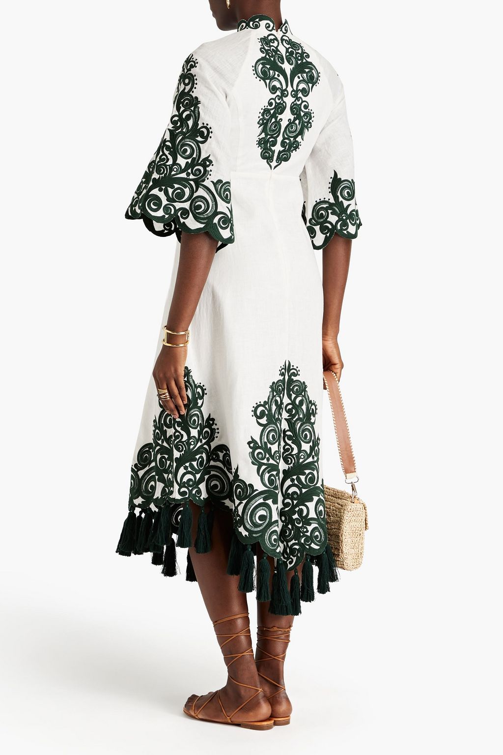 ZIMMERMANN Tasseled embroidered linen midi dress