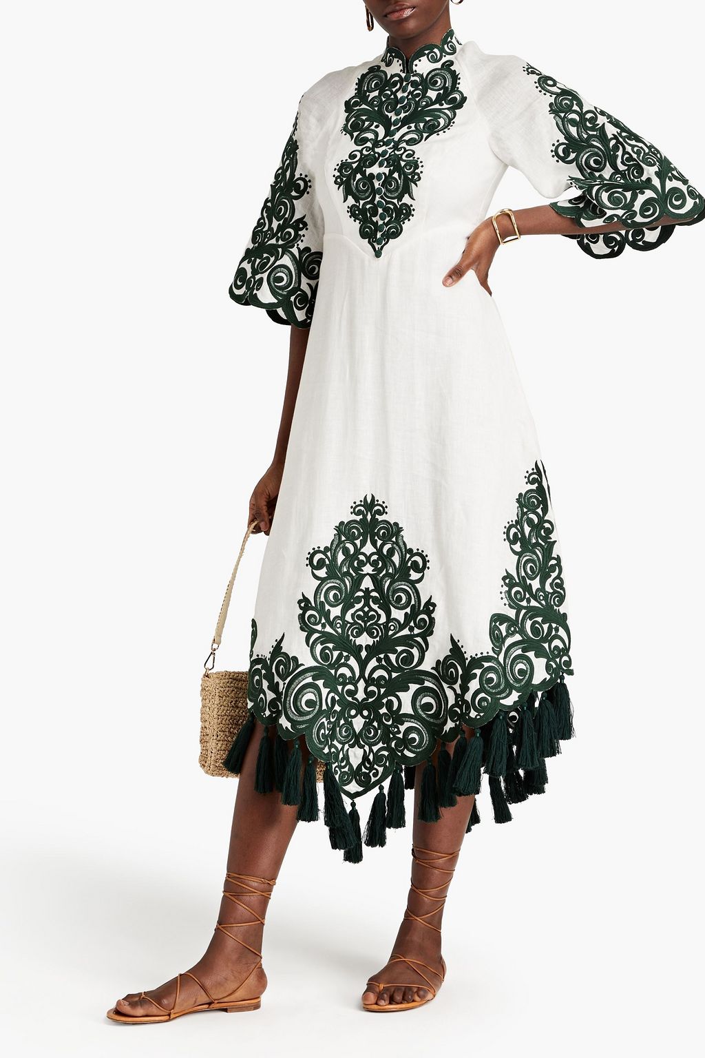ZIMMERMANN Tasseled embroidered linen midi dress