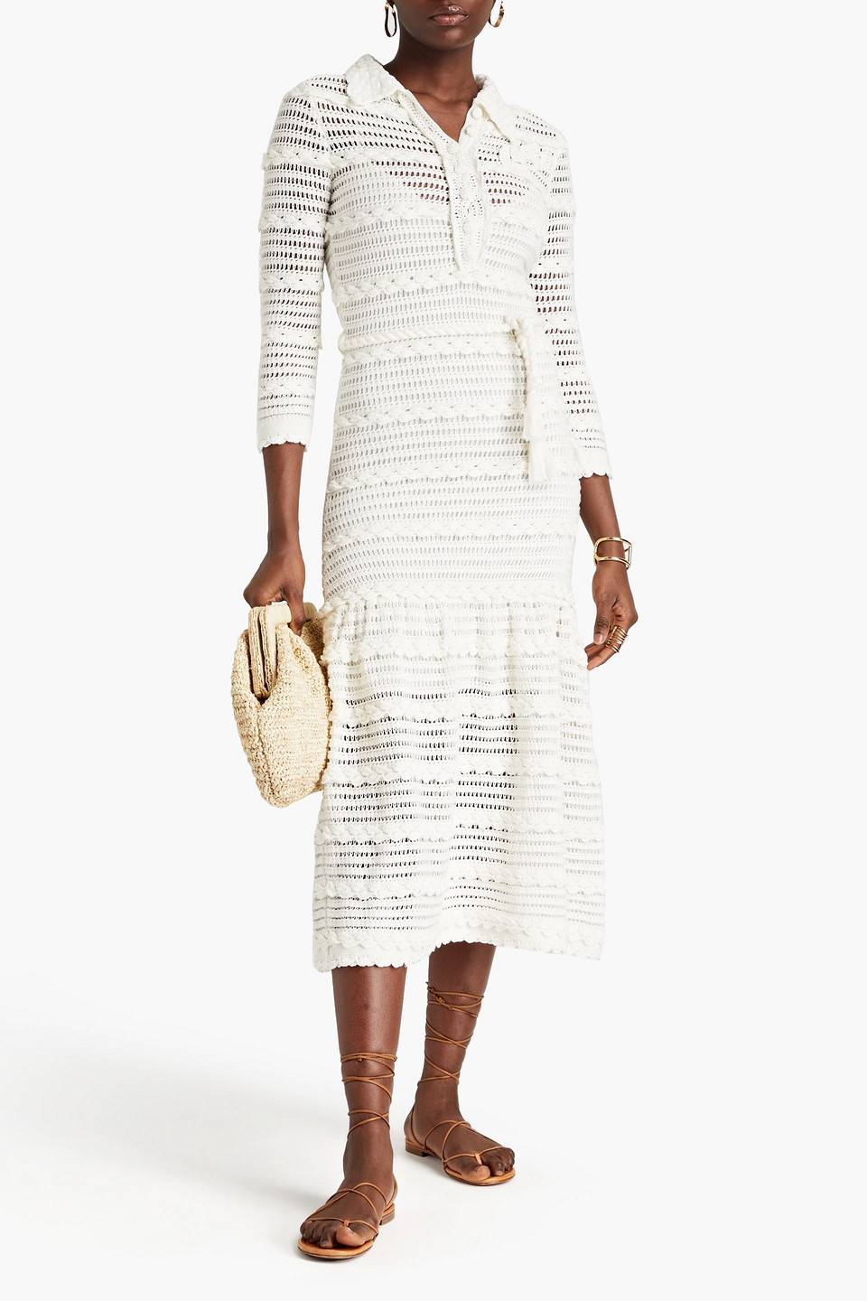 Shop Zimmermann Belted Crocheted Cotton Midi Dress In Ivory