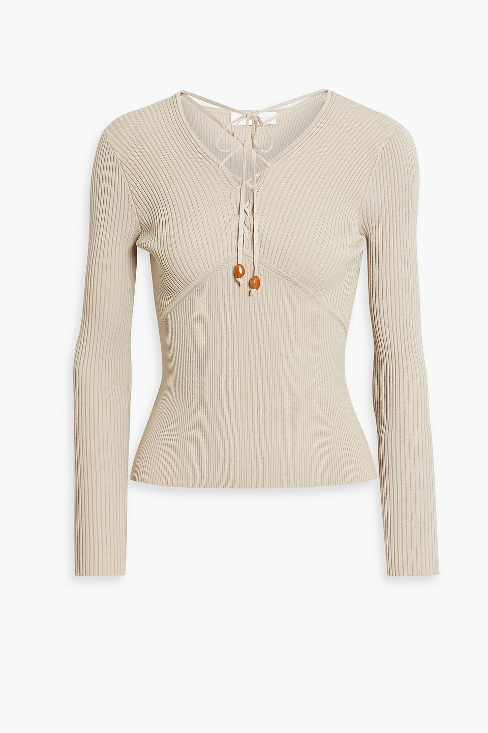 Simkhai Lucie Lace-up Ribbed-knit Sweater In Mushroom