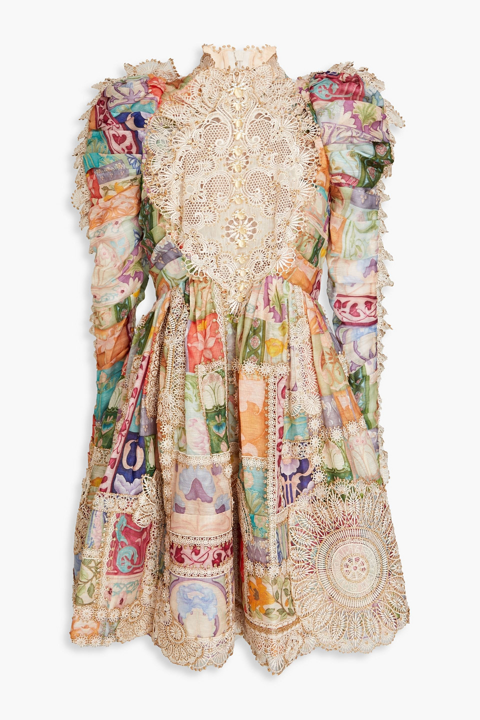 Zimmermann Lace-paneled Floral-print Linen And Silk-blend Gauze Mini Dress In Multicolor