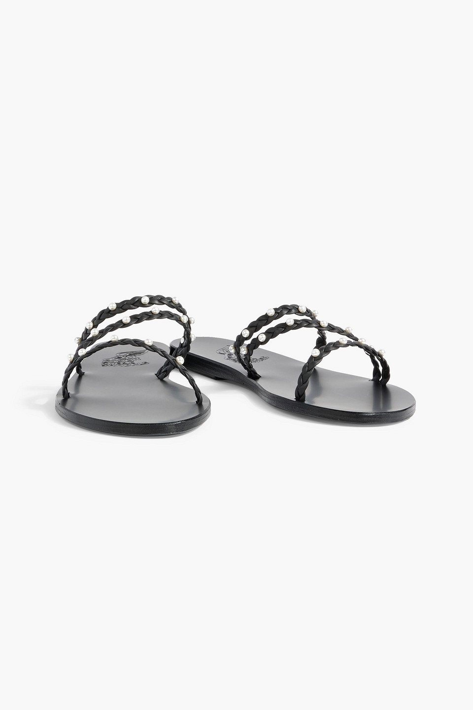 Shop Ancient Greek Sandals Ekaterini Faux Pearl-embellished Braided Leather Sandals In Black