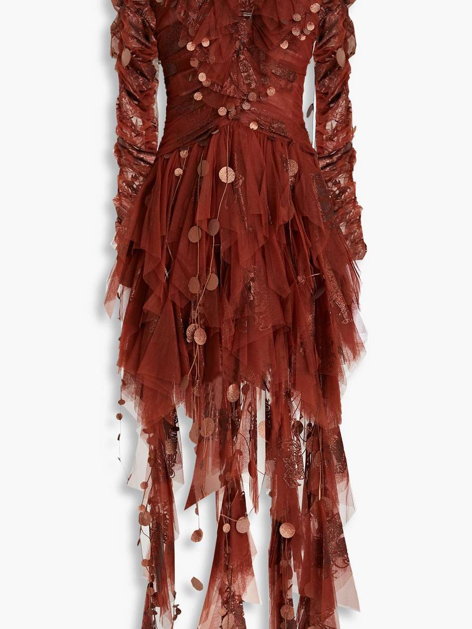 asymmetric ruffled glittered tulle maxi dress