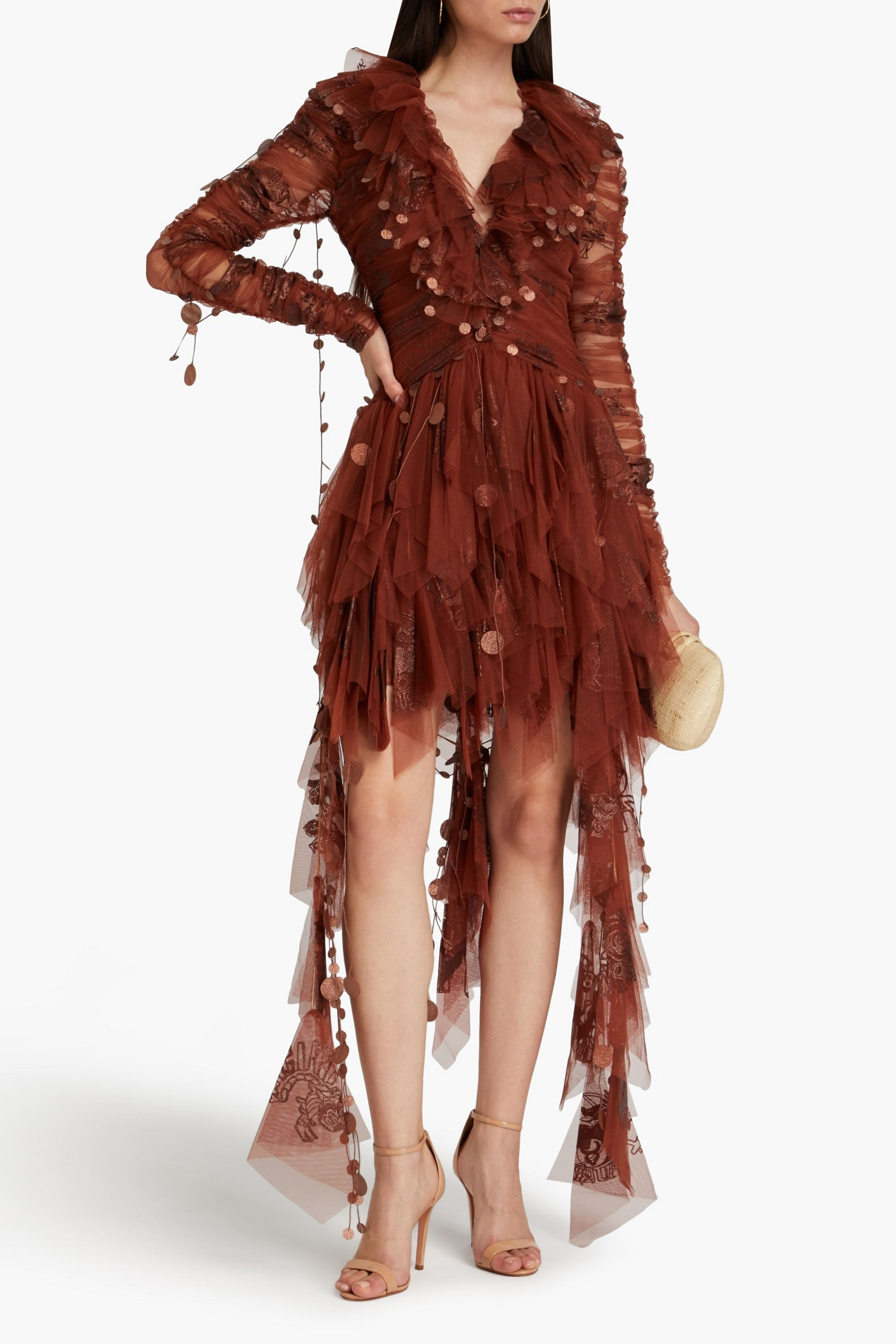 Zimmermann Asymmetric ruffled glittered tulle maxi dress