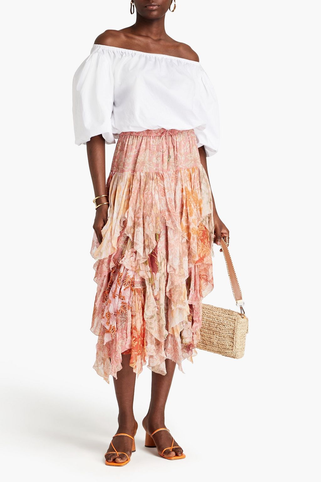 ZIMMERMANN Tiered floral-print silk-crepon midi skirt