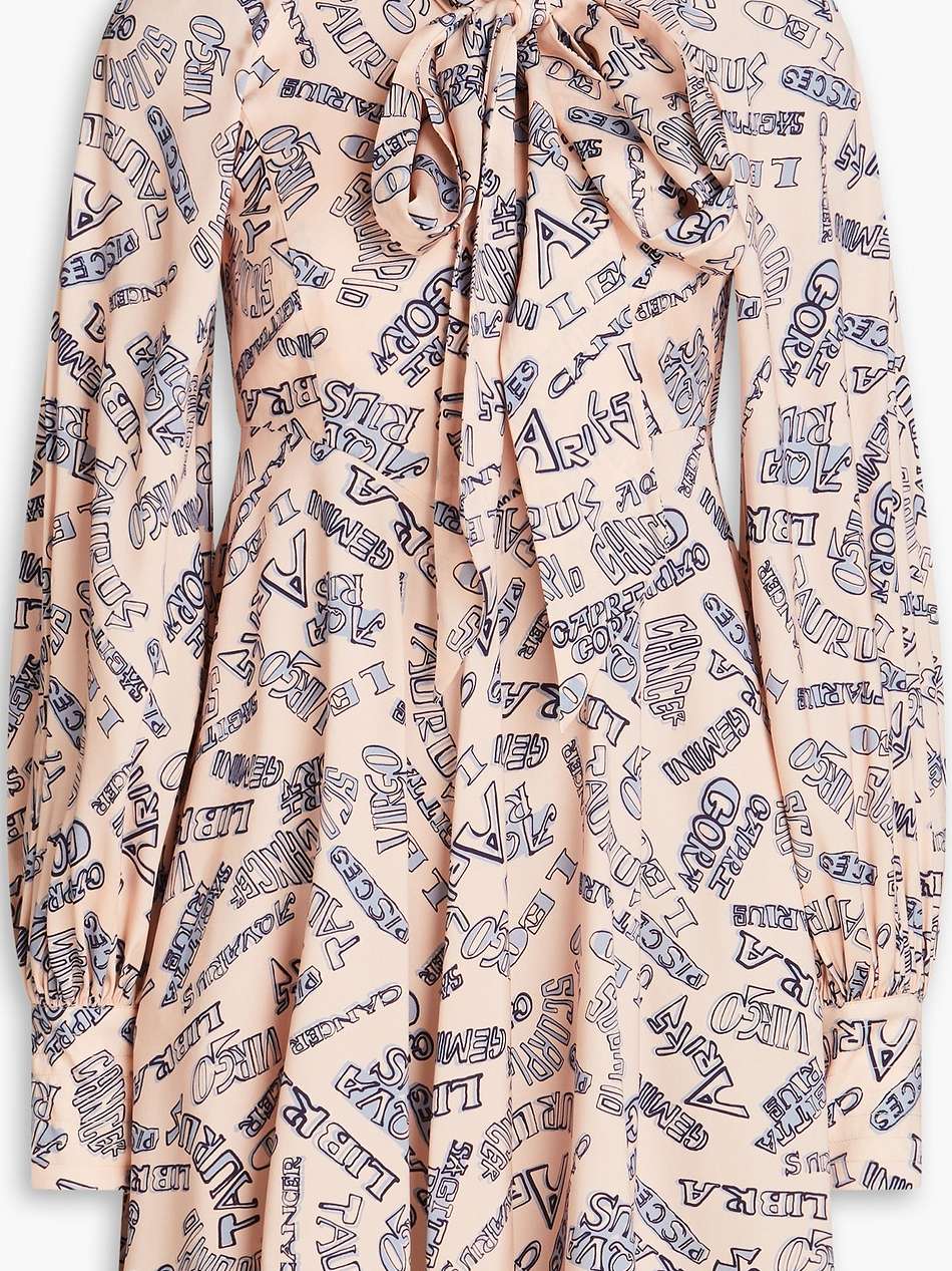 pussy-bow printed stretch-silk twill mini dress