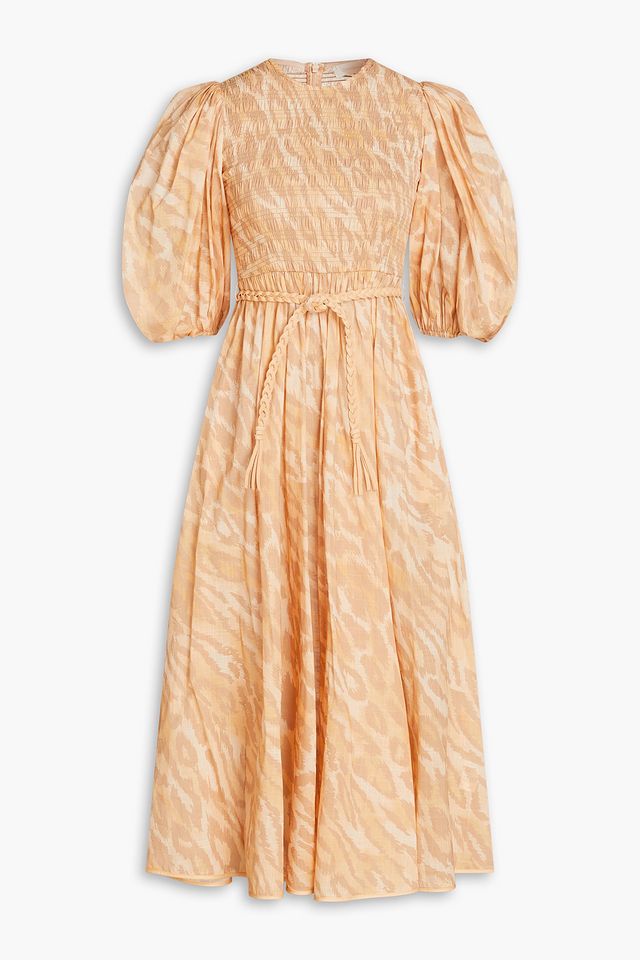 Shirred printed cotton-gauze midi dress