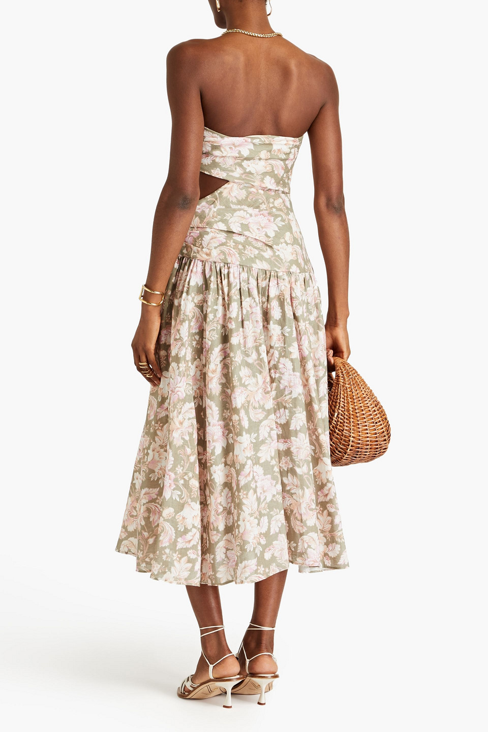 Shop Zimmermann Strapless Cutout Floral-print Linen Midi Dress In Sage Green