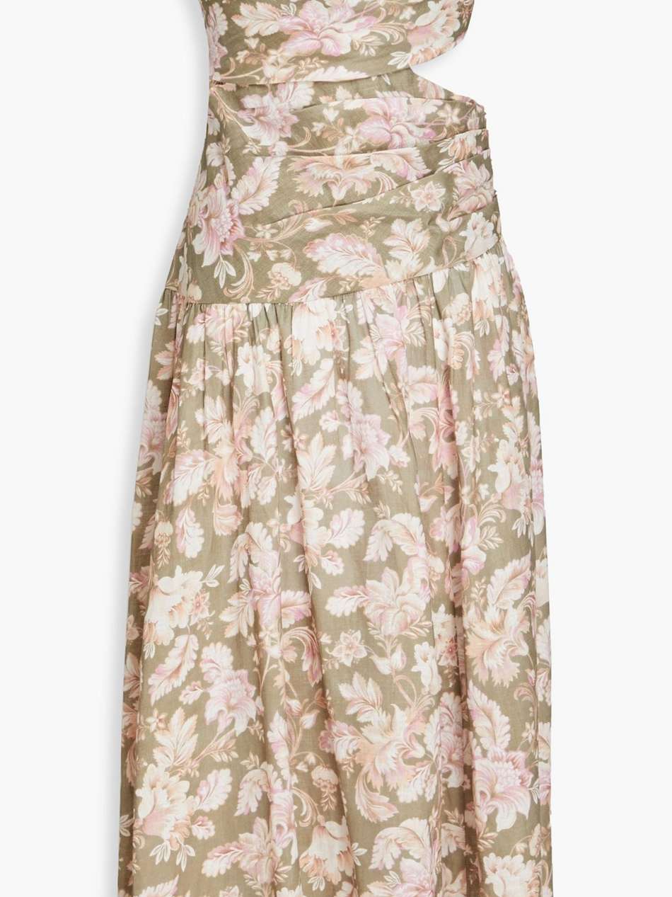 strapless cutout floral-print linen midi dress