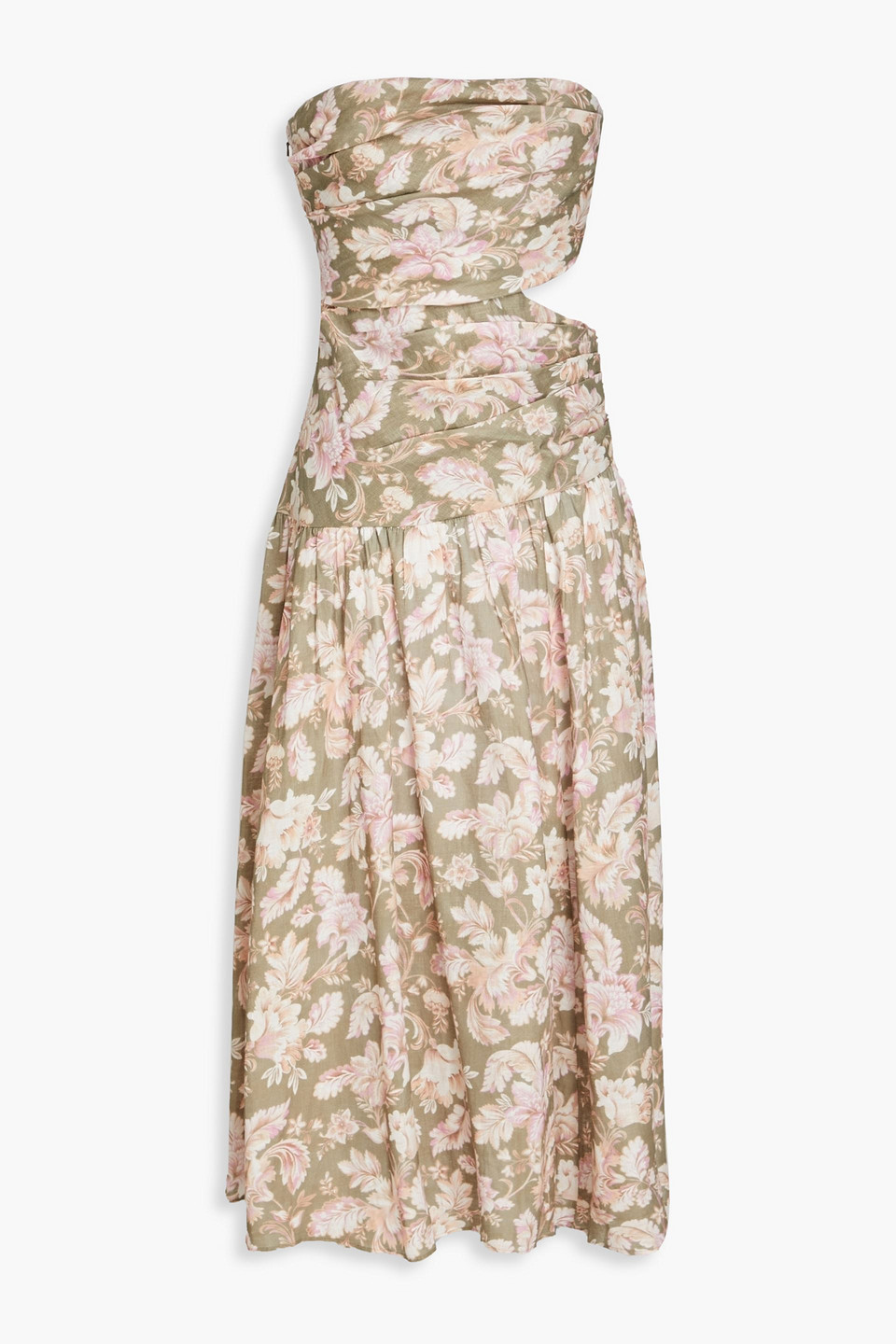 Zimmermann Strapless Cutout Floral-print Linen Midi Dress In Sage Green