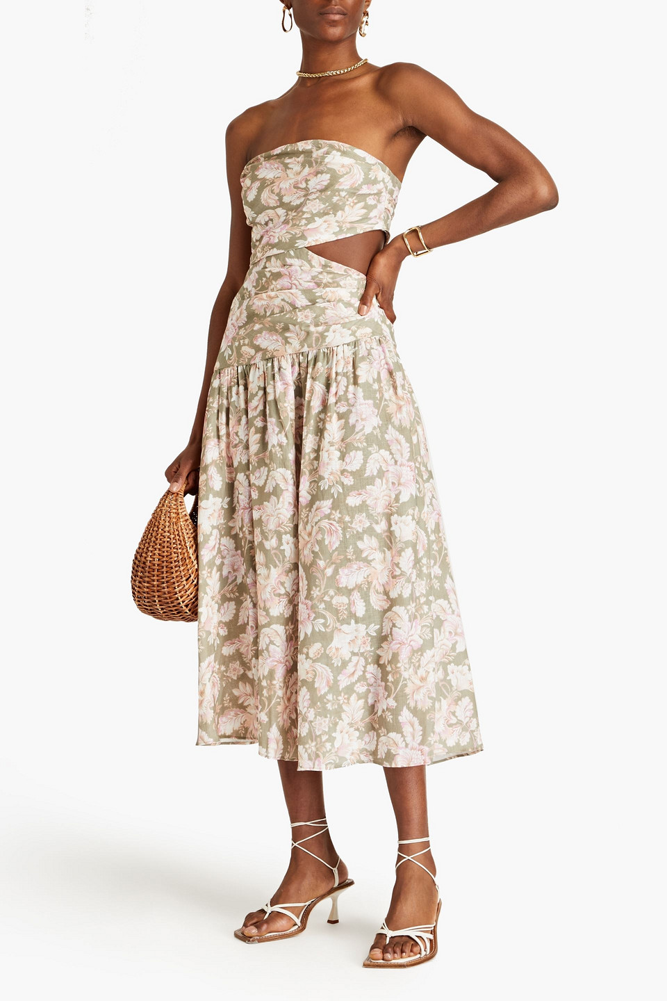 Zimmermann Strapless Cutout Floral-print Linen Midi Dress In Sage Green