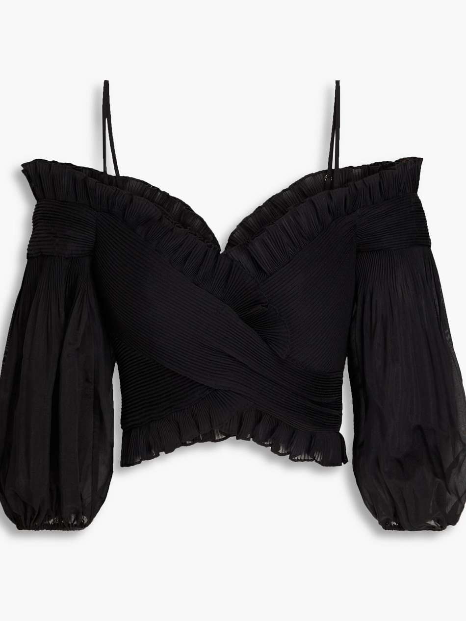 cold-shoulder plissé-organza top