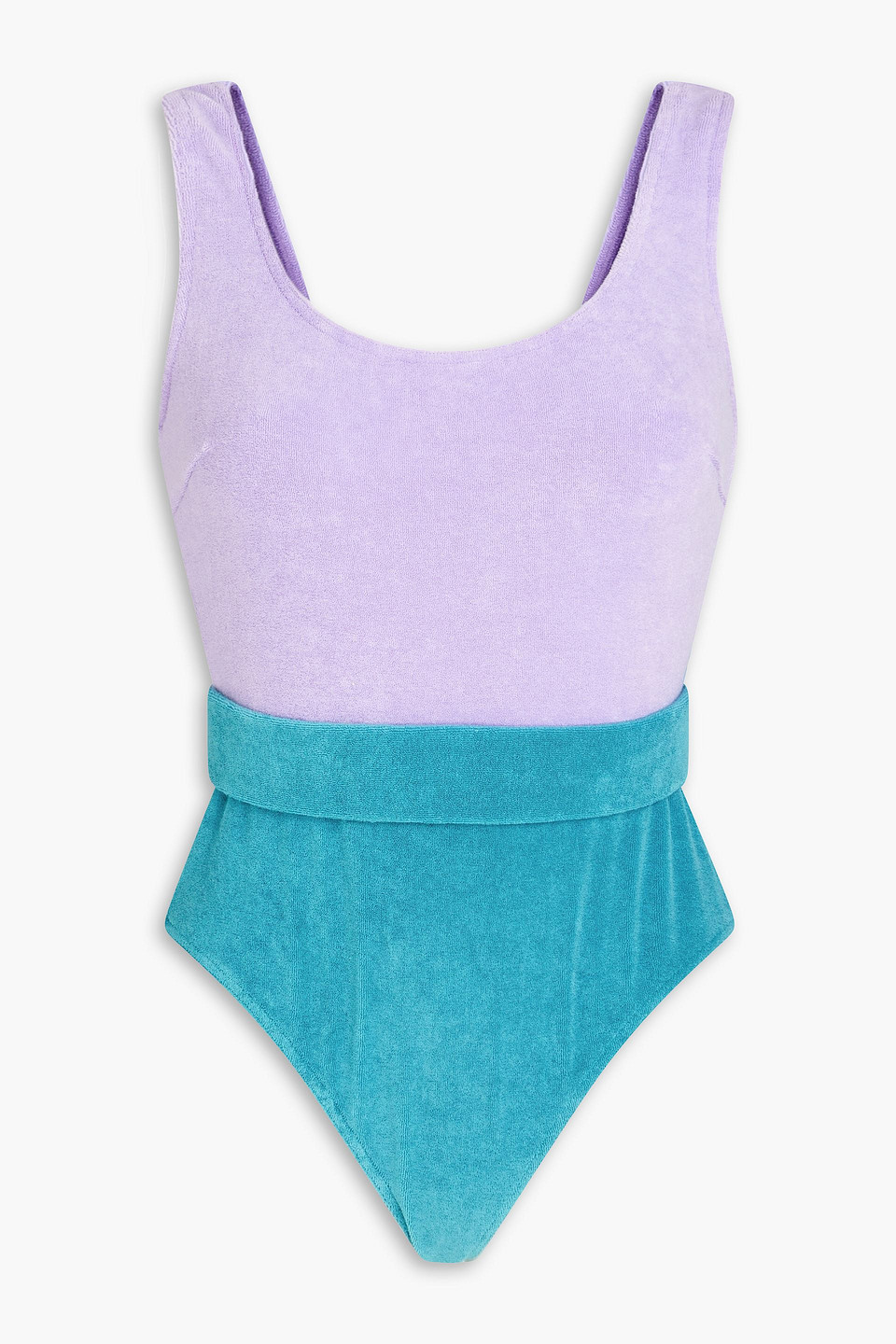 Zimmermann Belted Two-tone Cotton-blend Terry Swimsuit In Lavender