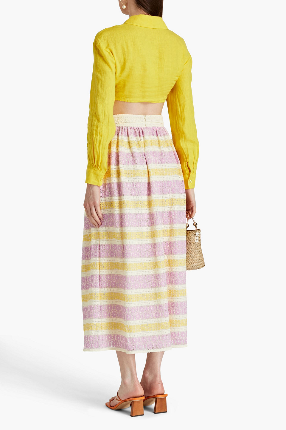 ZIMMERMANN GATHERED COTTON-BLEND GUIPURE LACE MIDI SKIRT 3074457345637135633
