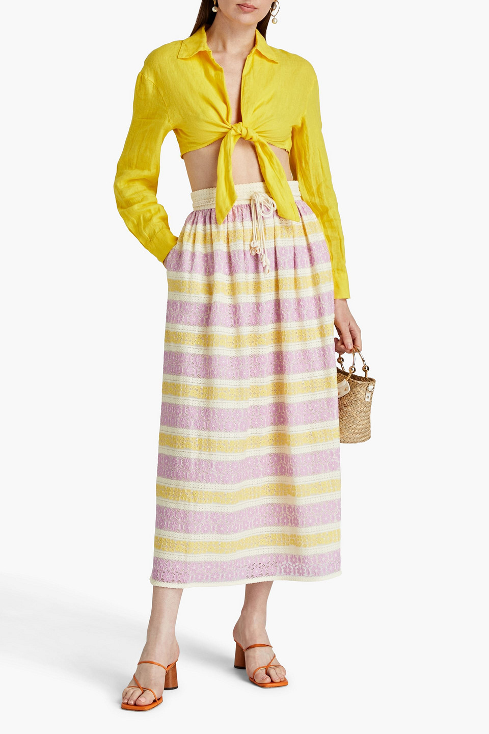 ZIMMERMANN GATHERED COTTON-BLEND GUIPURE LACE MIDI SKIRT 3074457345637135633