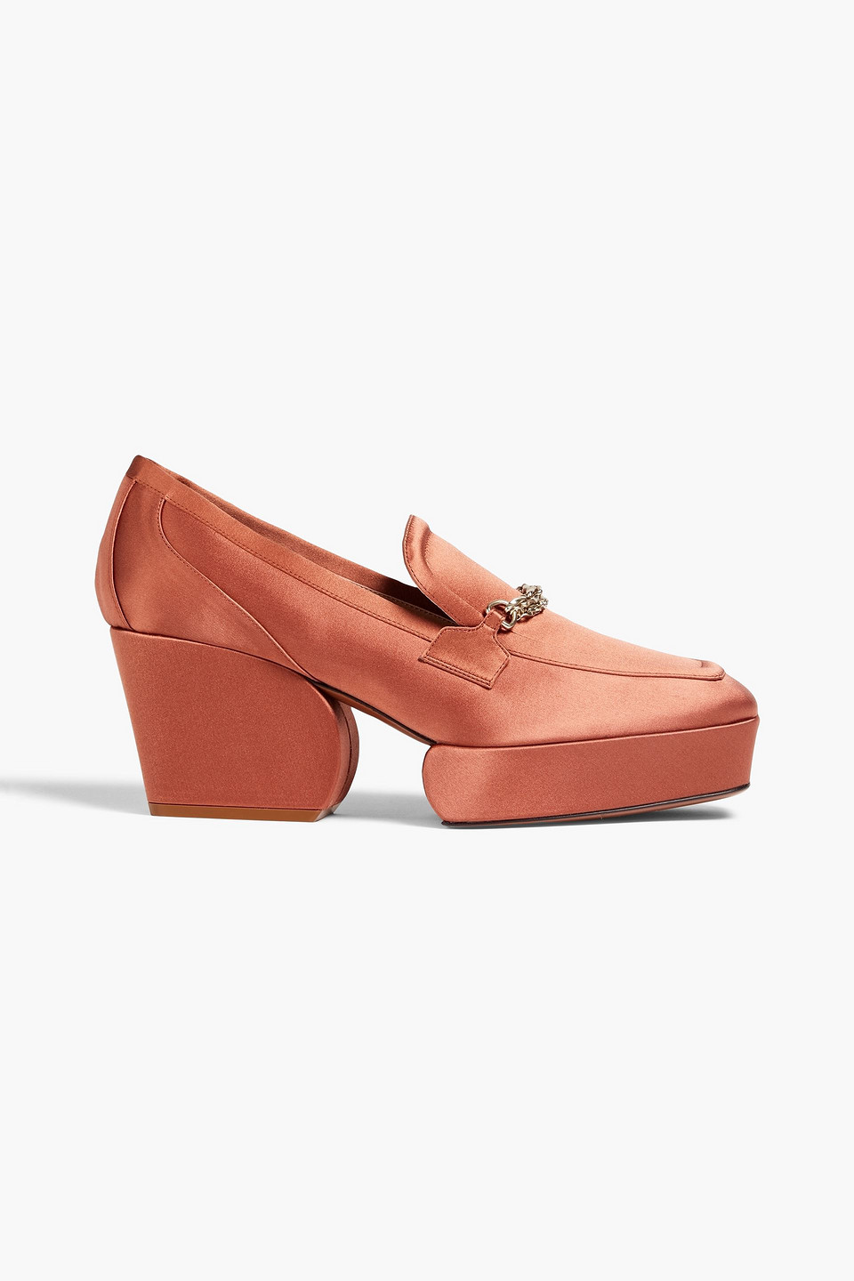 Chain-embellished satin platform loafers