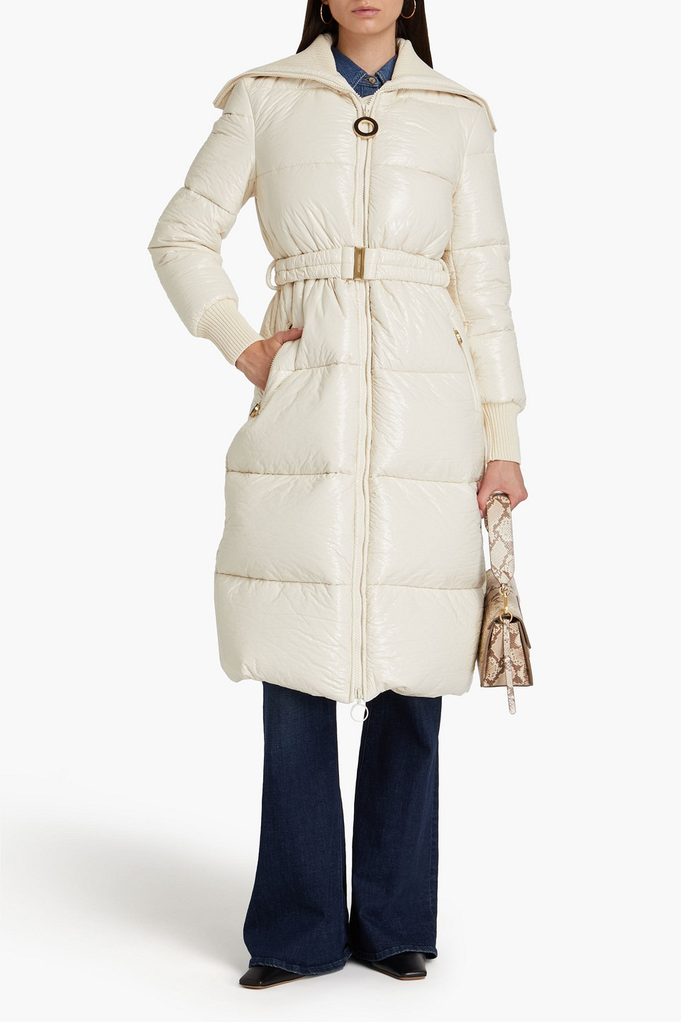 Zimmermann Belted Quilted Vinyl Down Coat In Cream