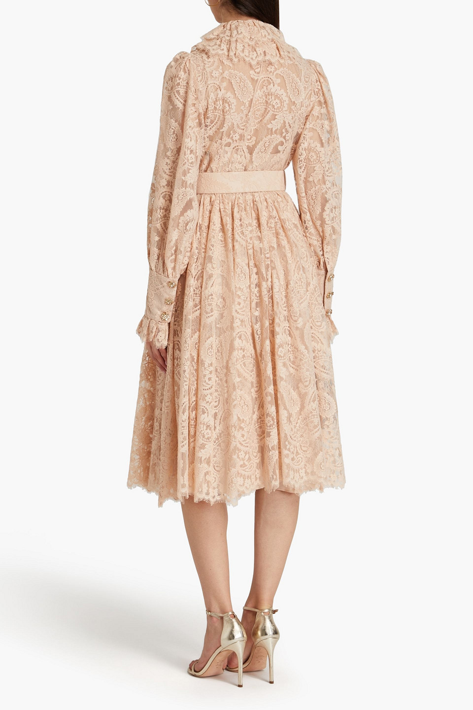 Shop Zimmermann Belted Embellished Lace Midi Shirt Dress In Blush