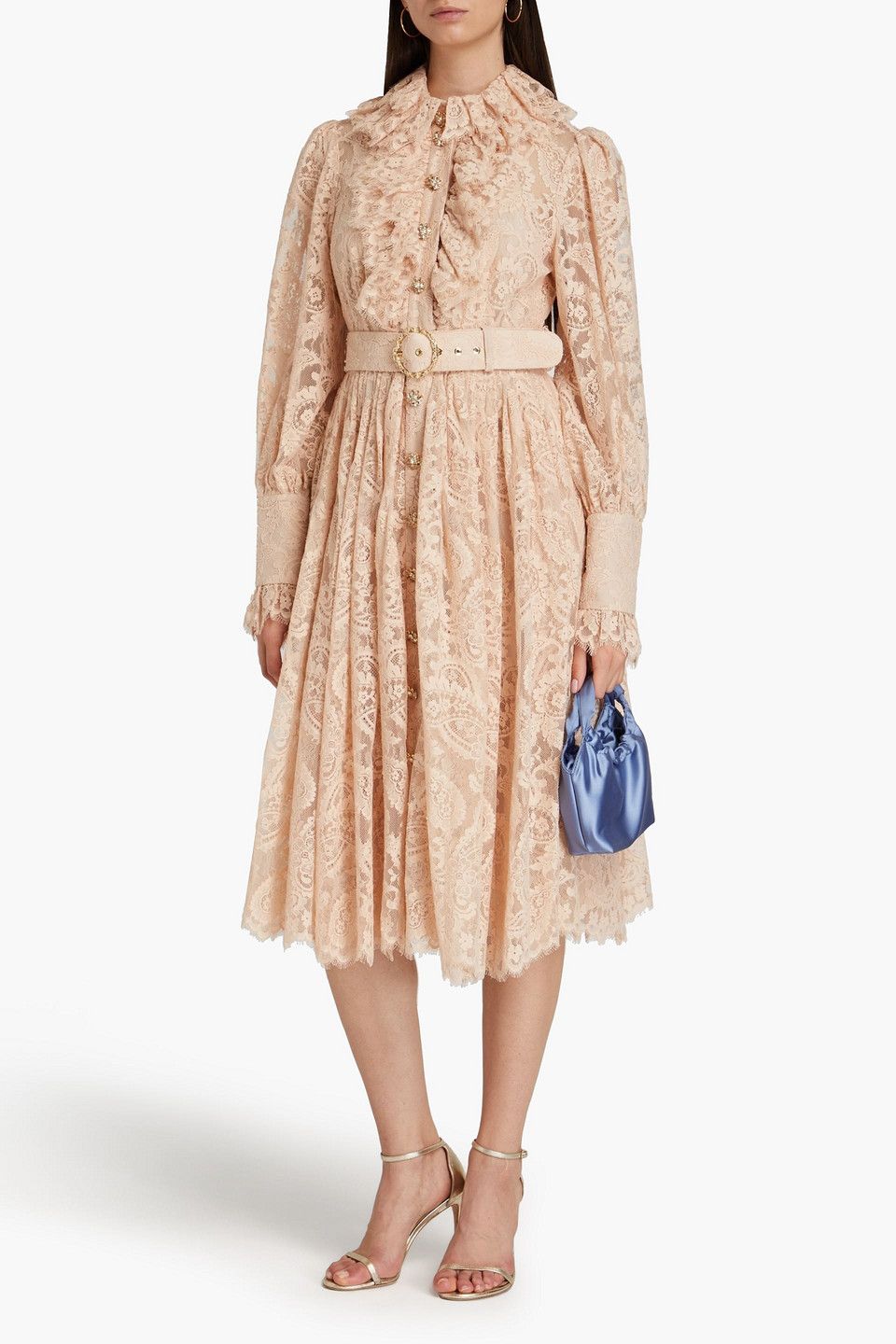 Shop Zimmermann Belted Embellished Lace Midi Shirt Dress In Blush