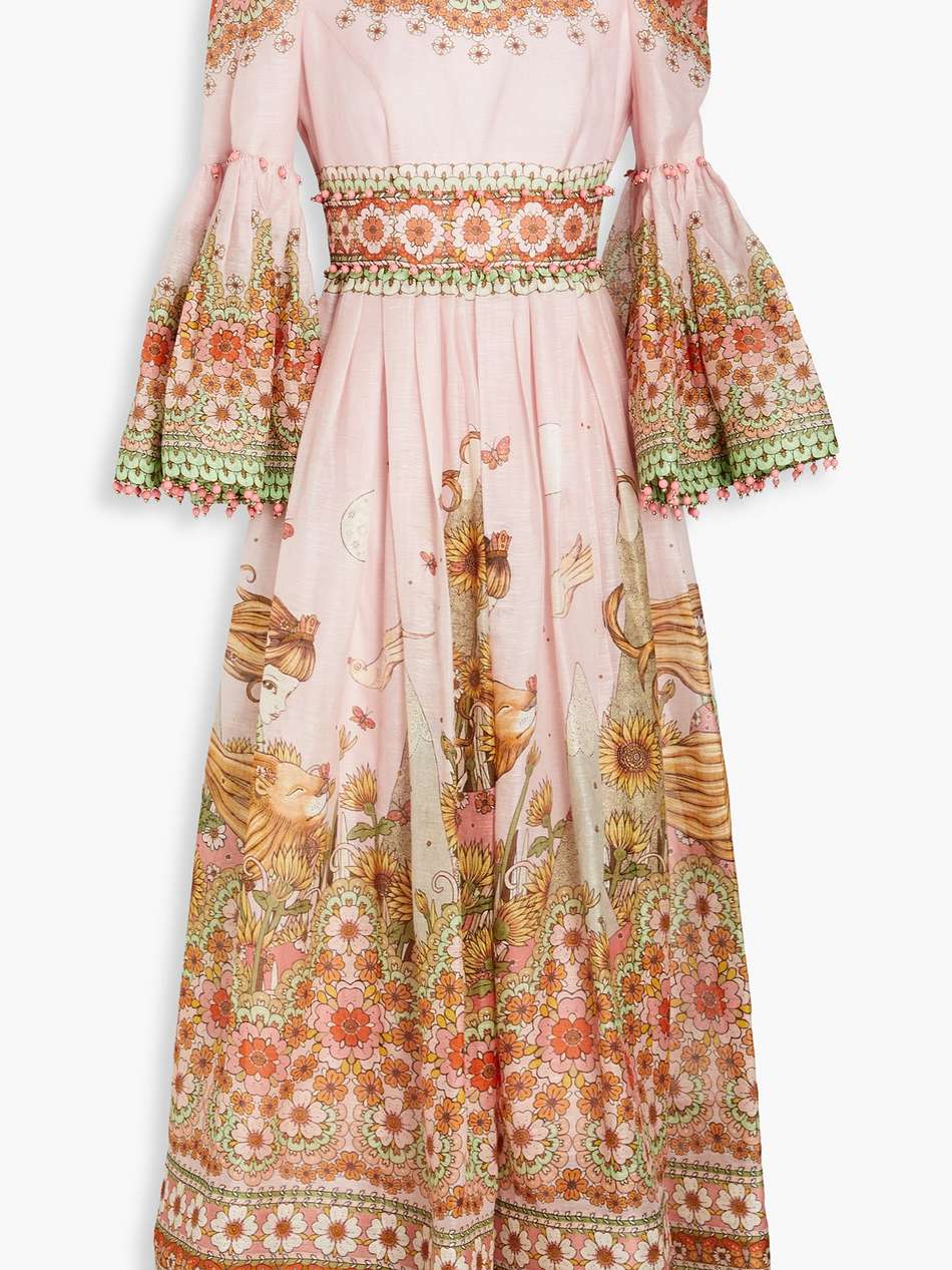 bead-embellished printed linen and silk-blend maxi dress