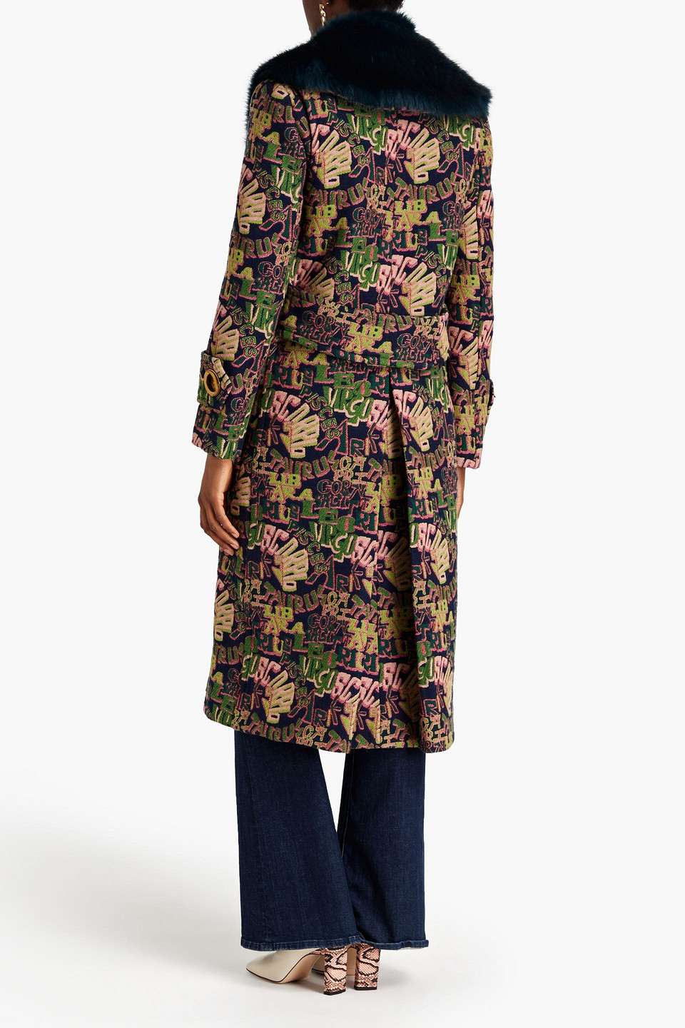Zimmermann Faux Fur-trimmed Double-breasted Jacquard Coat In Navy