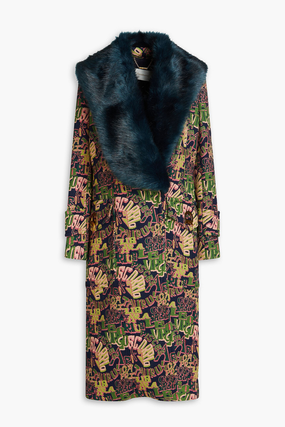 Zimmermann Faux Fur-trimmed Double-breasted Jacquard Coat In Navy