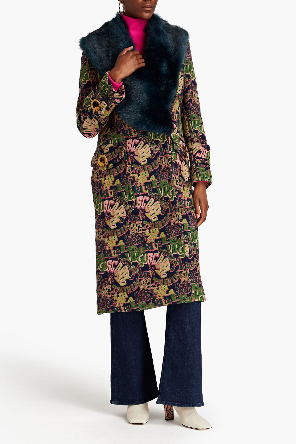Zimmermann Faux Fur-trimmed Double-breasted Jacquard Coat In Navy