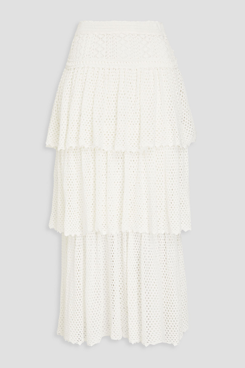 Zimmermann Tiered Crochet Cotton Midi Skirt In Ivory