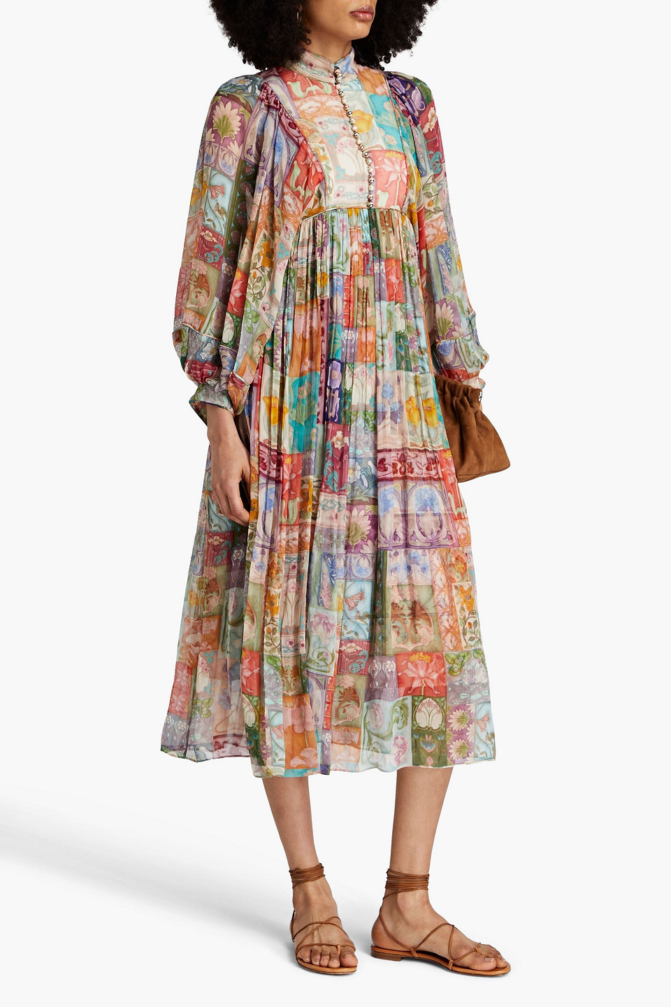 Zimmermann Gerafftes Midikleid Aus Georgette Mit Floralem Print In Leaf Green