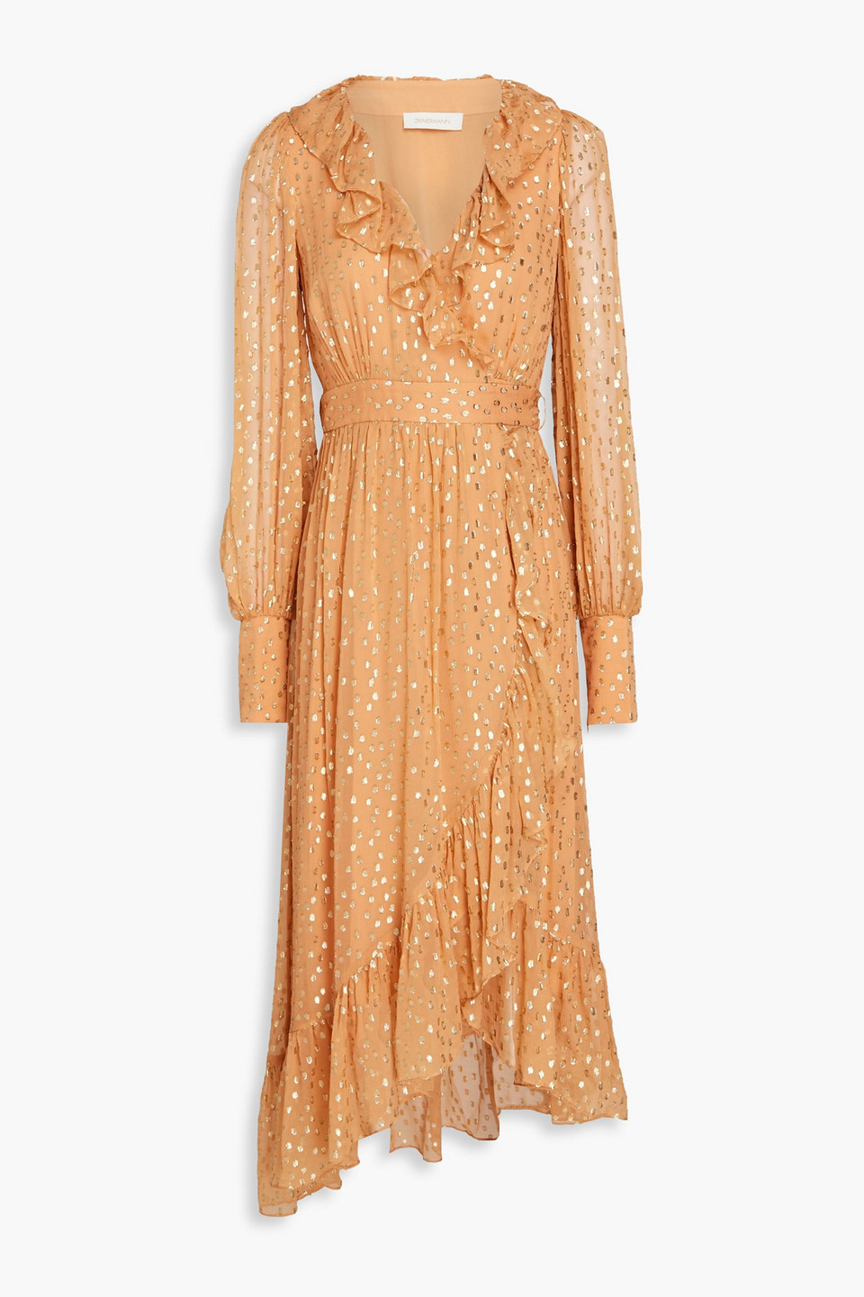 Shop Zimmermann Ruffled Metallic Fil Coupé Georgette Midi Wrap Dress In Camel