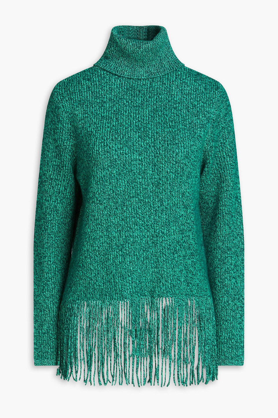 Zimmermann Fringed Ribbed Cashmere And Merino Wool-blend Turtleneck Sweater In Emerald