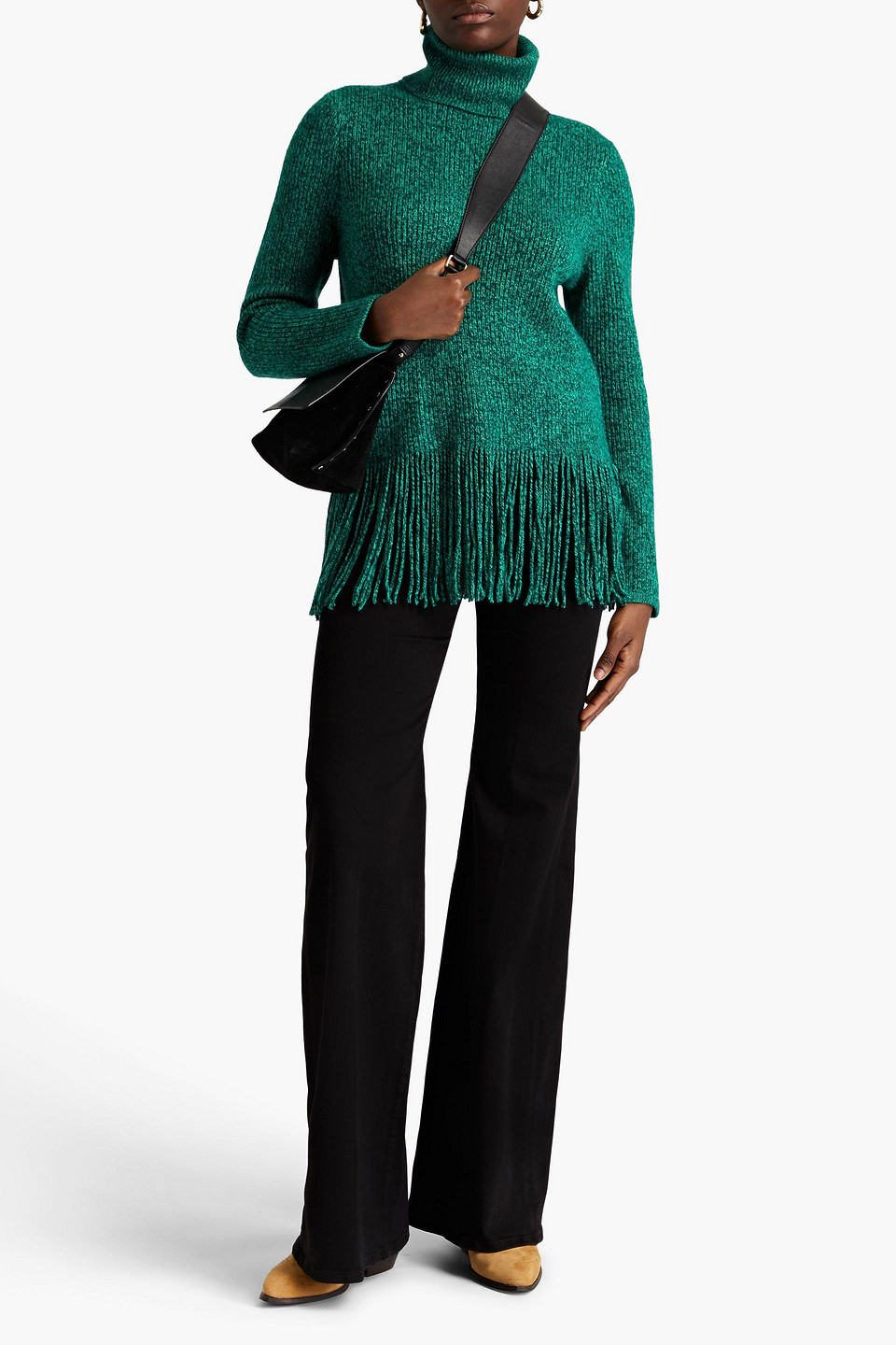 Zimmermann Fringed Ribbed Cashmere And Merino Wool-blend Turtleneck Sweater In Emerald