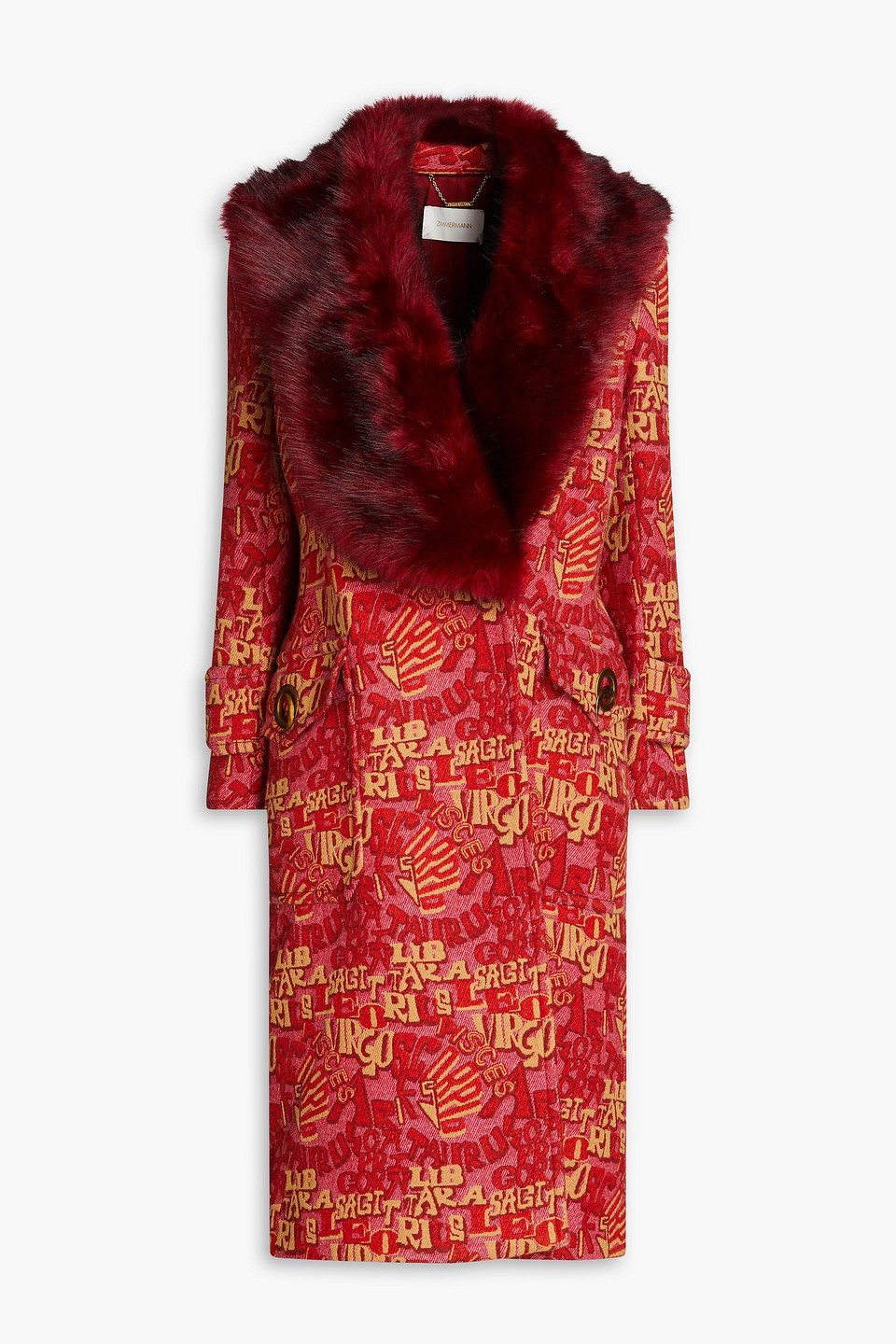 Zimmermann Faux Fur-trimmed Double-breasted Jacquard Coat In Claret