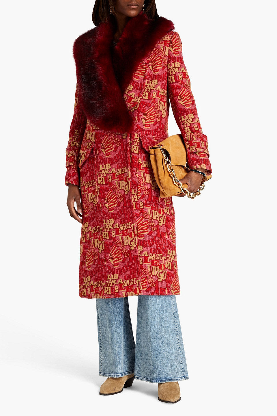 Shop Zimmermann Double-breasted Faux Fur-trimmed Jacquard Coat In Claret