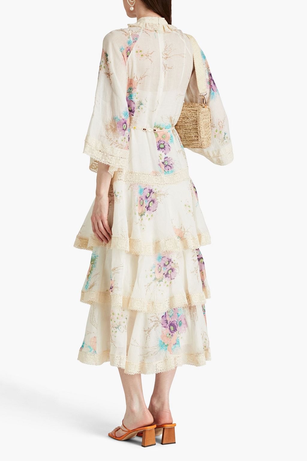ZIMMERMANN Tiered lace-trimmed floral-print ramie midi dress