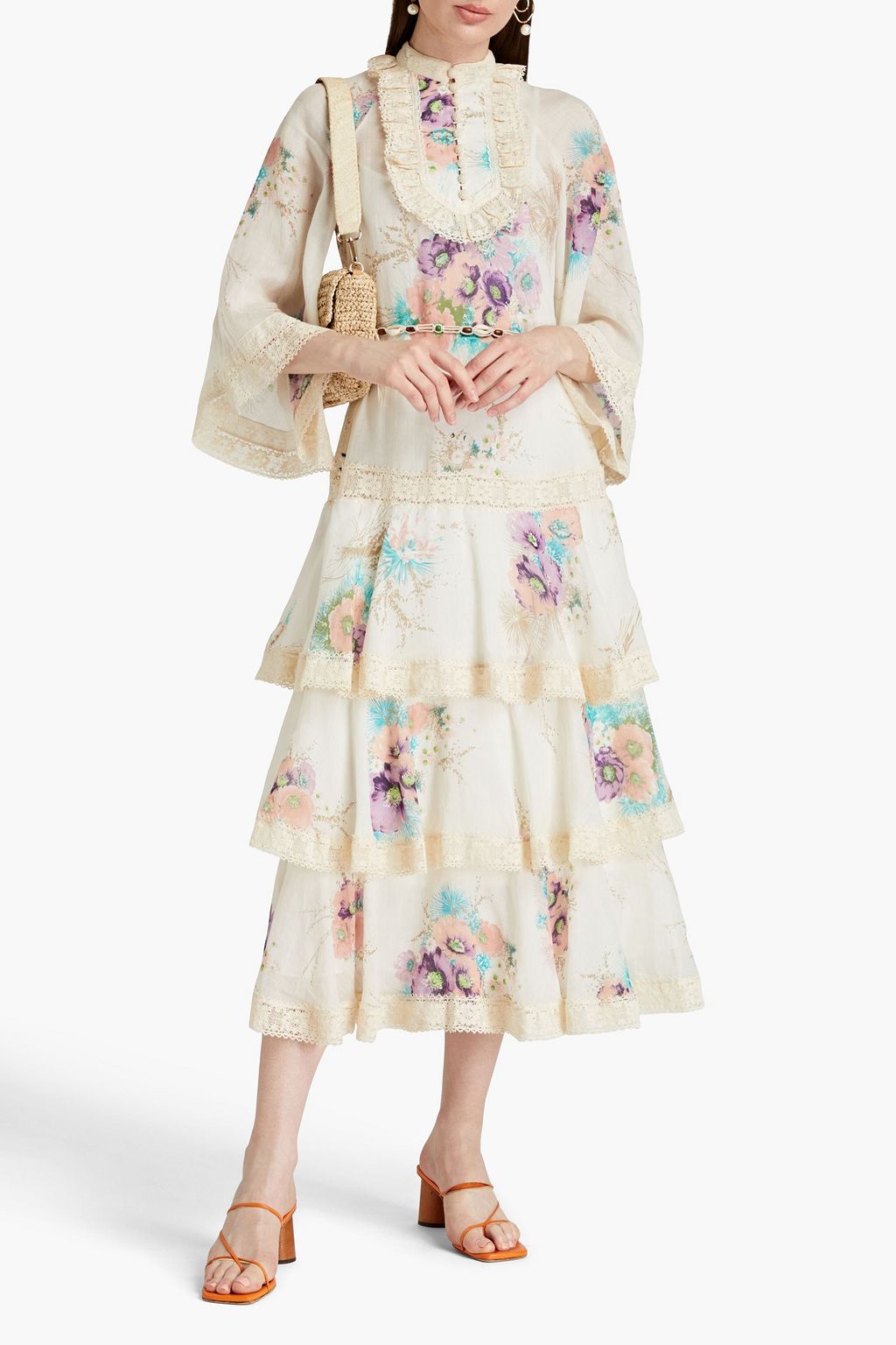 ZIMMERMANN Tiered lace-trimmed floral-print ramie midi dress