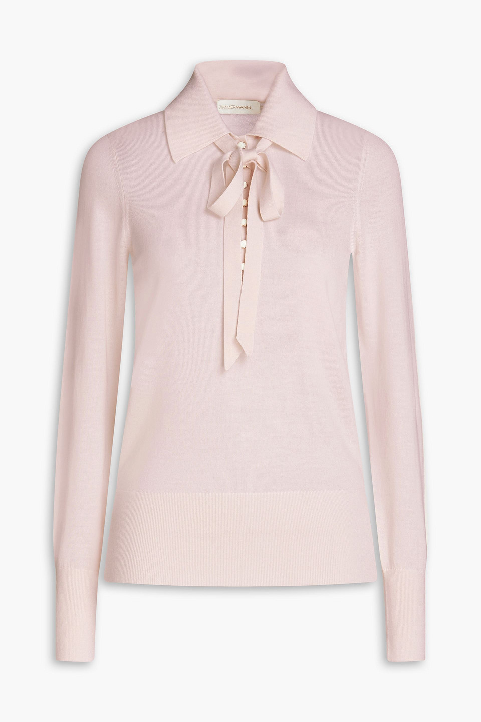 Zimmermann Pussy-bow Merino Wool Polo Sweater In Ecru