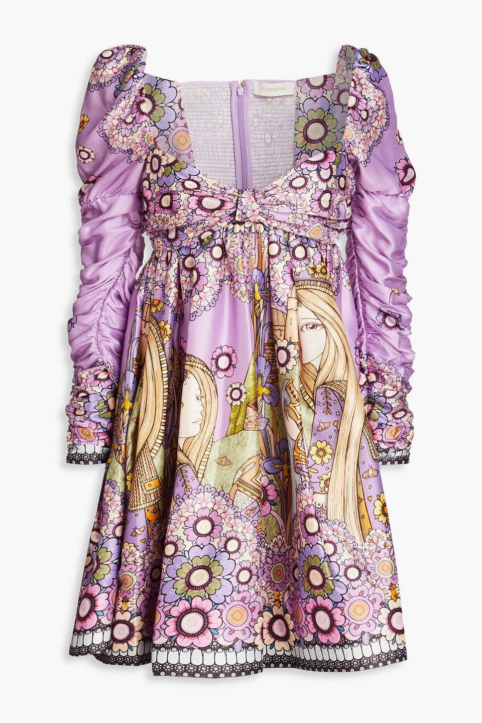 Zimmermann Knotted Printed Silk Mini Dress In Lilac