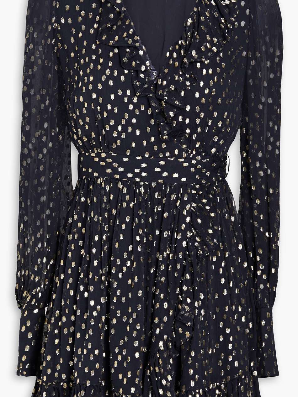 ruffled metallic fil coupé silk-blend crepon mini wrap dress
