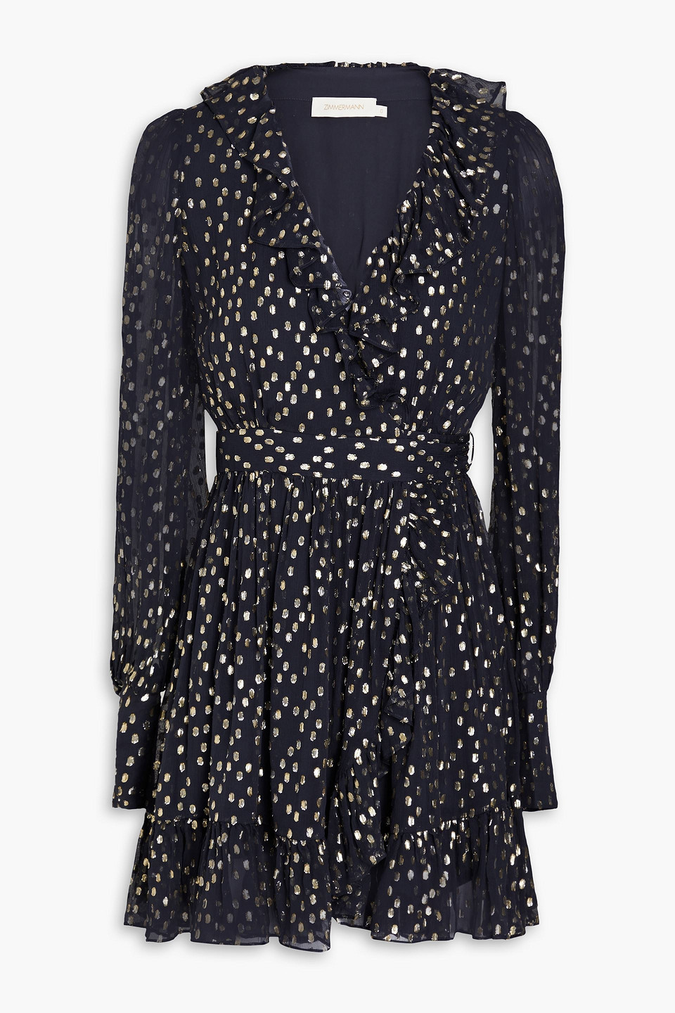 Zimmermann Ruffled Metallic Fil Coupé Silk-blend Crepon Mini Wrap Dress In Navy
