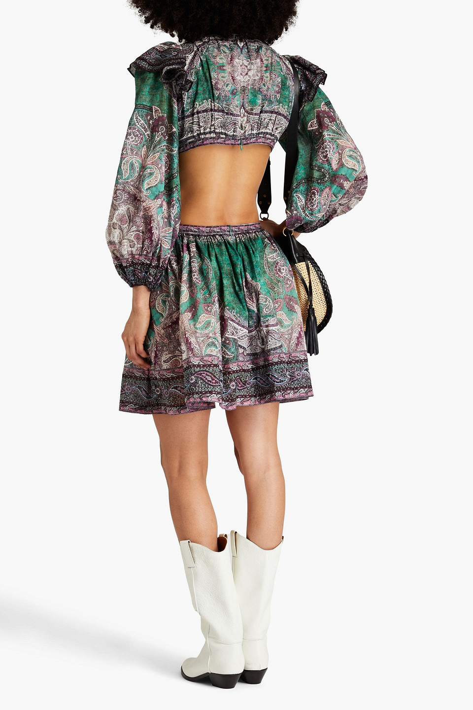 Zimmermann Anneke Cutout Ruffled Paisley-print Cotton-voile Mini Dress In Forest Green