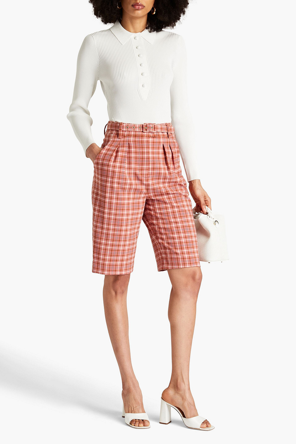 Shop Zimmermann Belted Checked Jacquard Shorts In Antique Rose