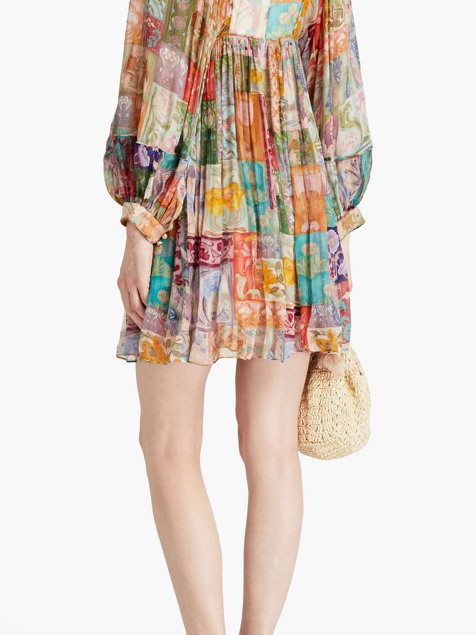 gathered printed georgette mini dress
