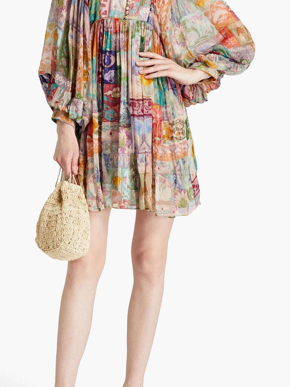 gathered printed georgette mini dress