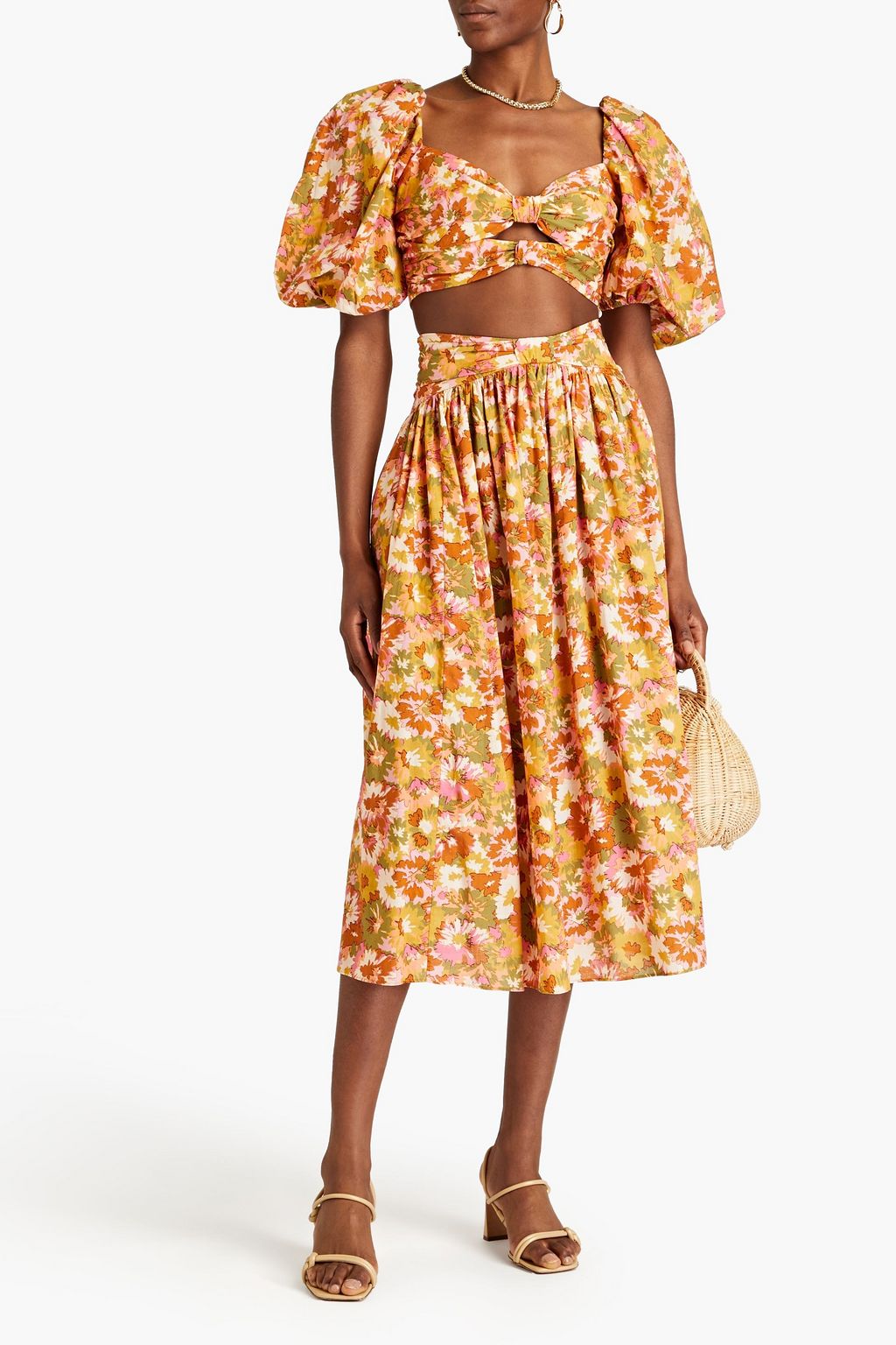 ZIMMERMANN Gathered floral-print cotton midi skirt