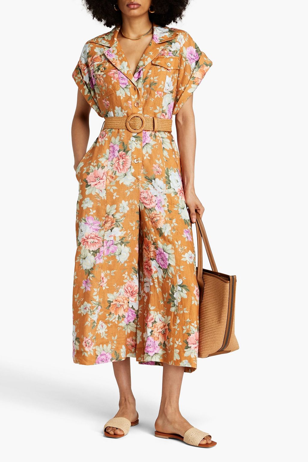 ZIMMERMANN Cropped belted floral-print linen jumpsuit
