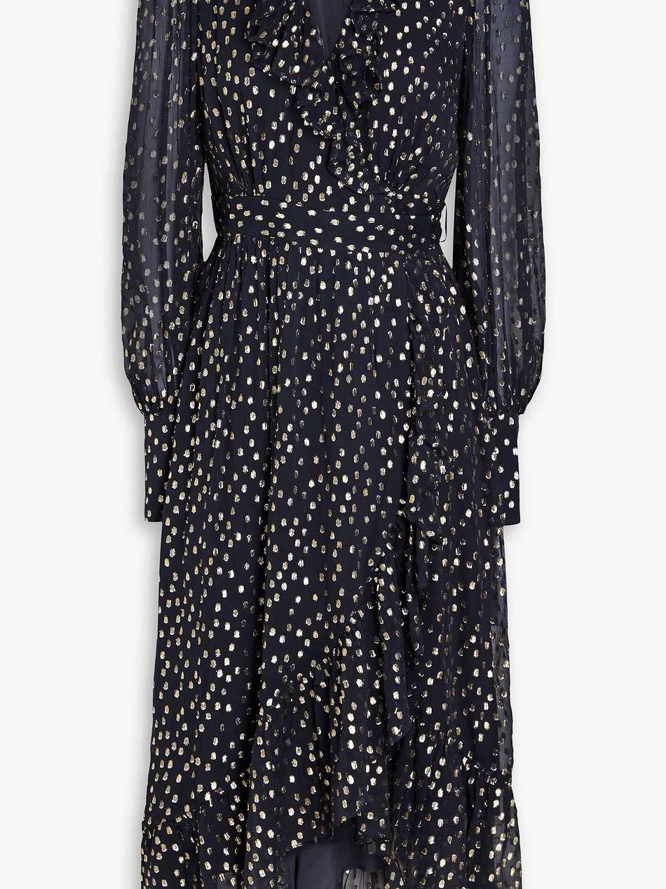 ruffled metallic fil coupé silk-blend crepon midi wrap dress