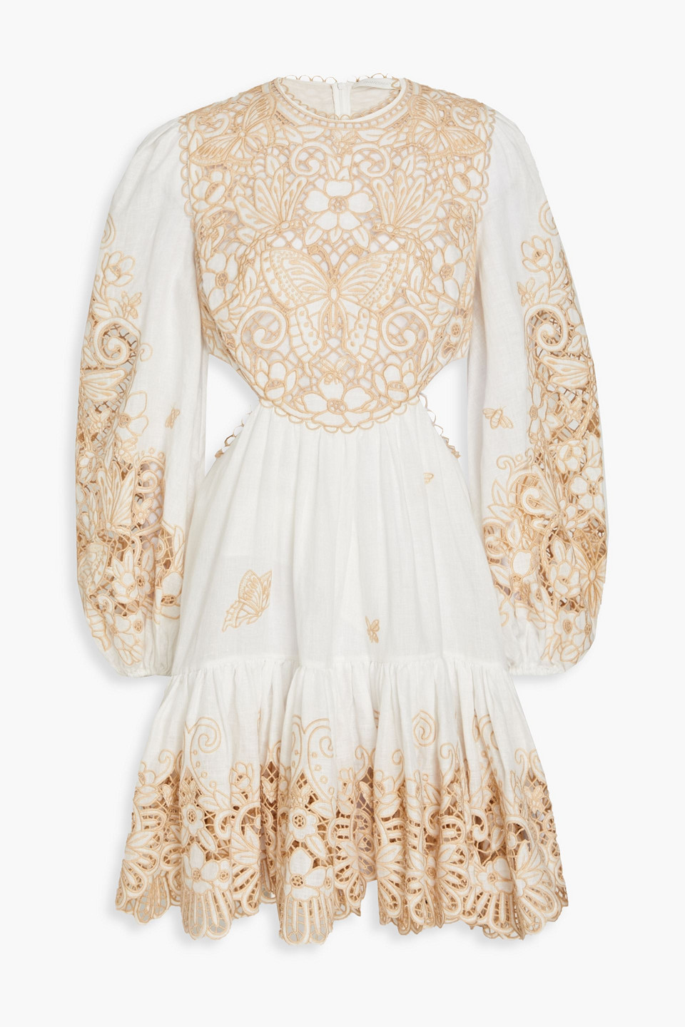 Zimmermann Lace-paneled Cutout Linen Mini Dress In Ivory