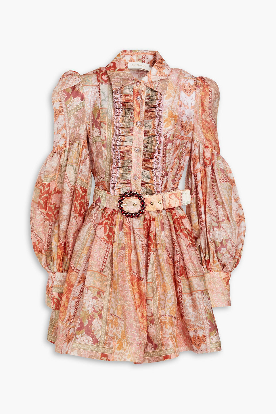 Zimmermann Embellished Linen And Silk-blend Mini Shirt Dress In Peach