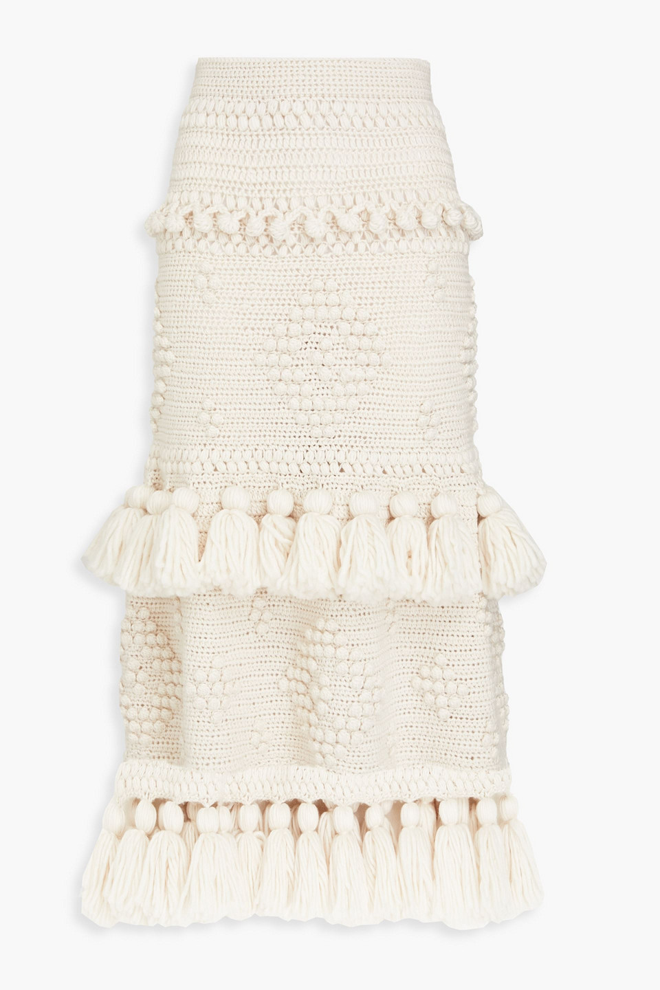 Zimmermann Tasseled Crochet-knit Midi Skirt In Ivory